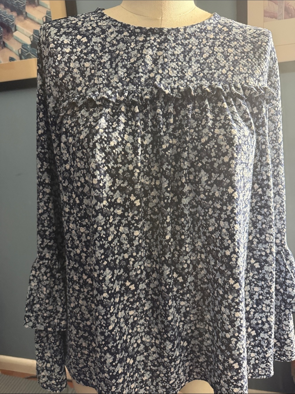 Michael Kors Navy and White Textured Knit Blouse